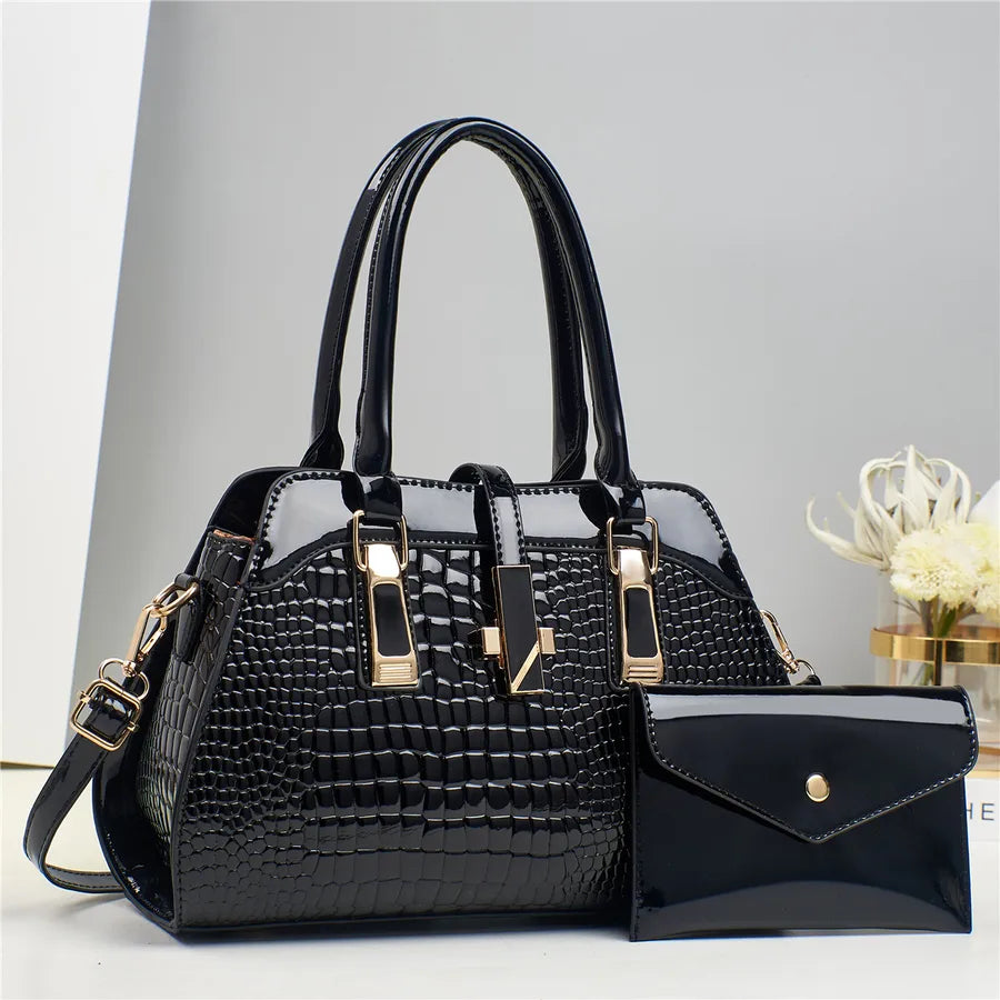 Taizhou Women's Bag Explosive Platinum Bright Leather Handbag Mother Bag Crocodile Pattern Shoulder Bag Crossbody Bag Bags