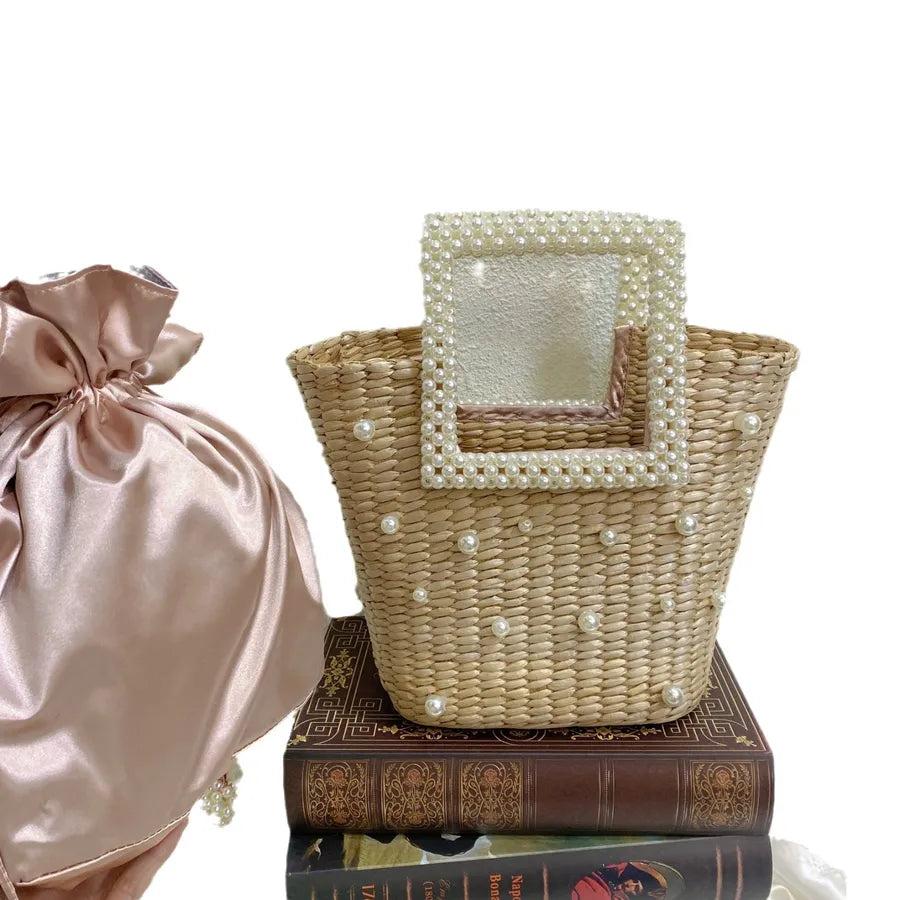 Women's Straw Flower Vacation Beading Pearls Weave Bucket String Handbag
