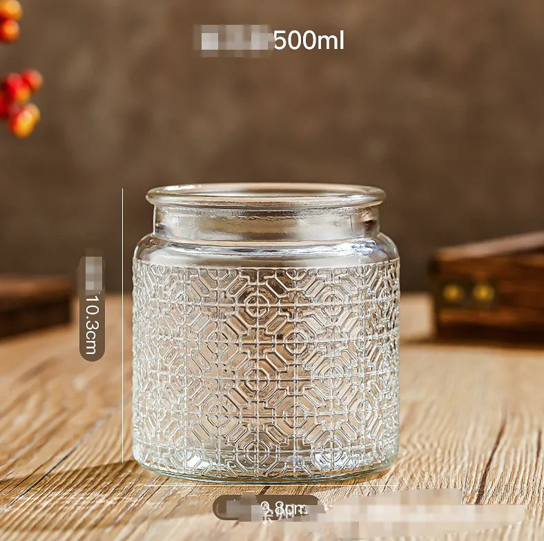 Glass Embossed Glass Sealed Jar Square Storage Jar Snack Dried Fruit Storage Jar Kitchen Household Glass Jar Vintage