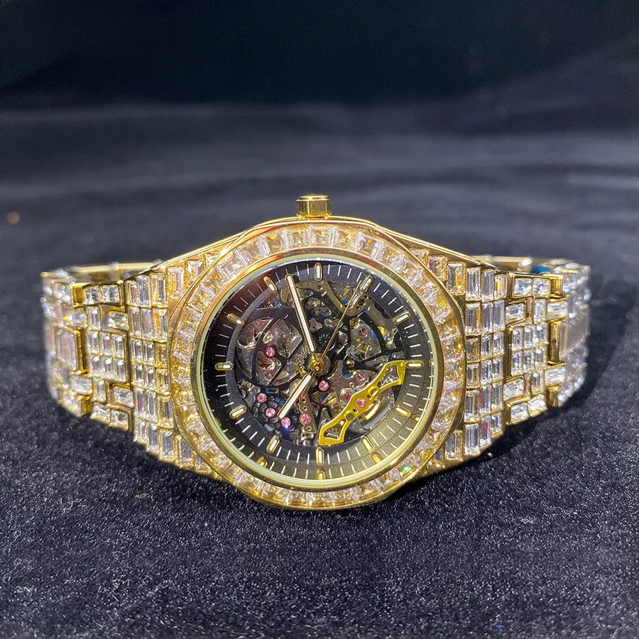 MISSFOX Watch  Explosions Hip-hop High-end All-Square Diamond Full Diamond Luminous Hollow Mechanical Watch Men's Wrist Watch