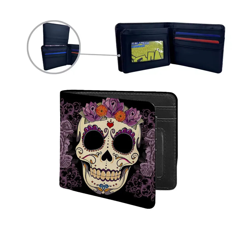 Men's Floral Skull Pu Leather Flip Cover Wallets