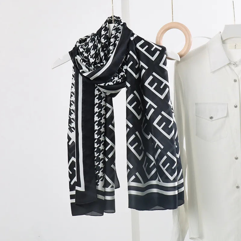women's fashion letter plaid satin printing silk scarves