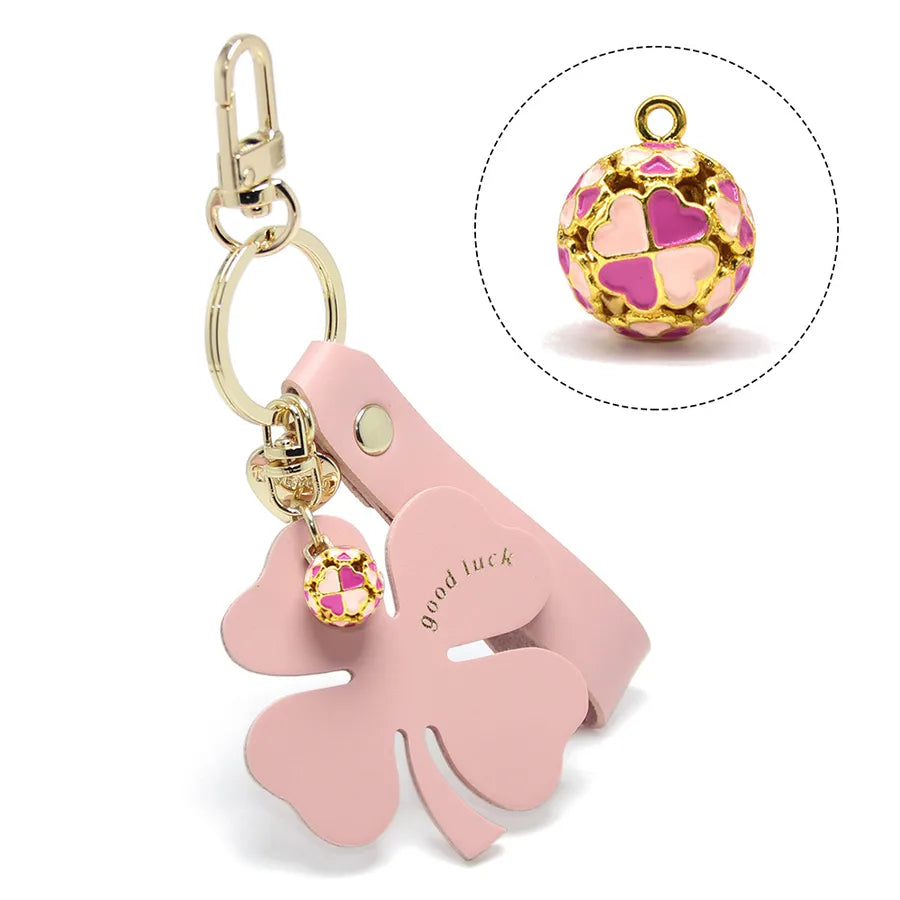 Lucky Four-Leaf Clover Car Leather Key Chain Pendant Internet Celebrity Valentine's Day Gift Four-Leaf Clover Bell Pendant