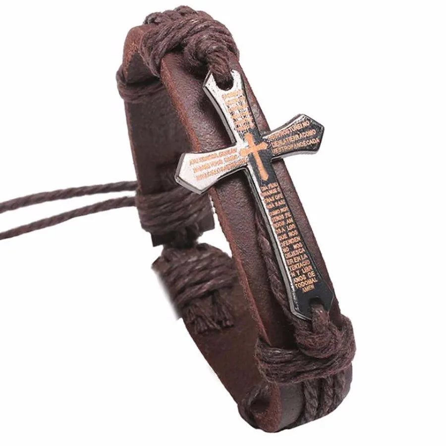 punk cross pu leather rope men's bracelets
