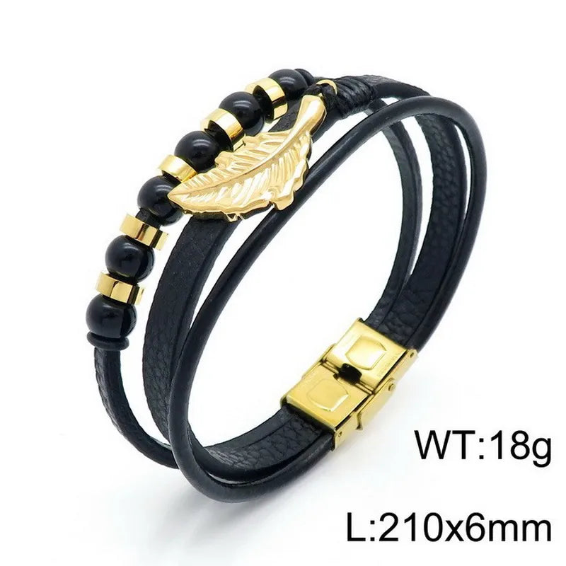 Hip-Hop Retro Color Block Pu Leather Titanium Steel Plating 18K Gold Plated Men's Bangle