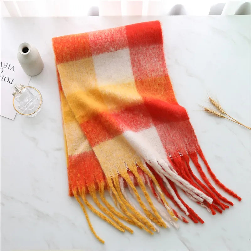 women's casual plaid imitation cashmere tassel scarf