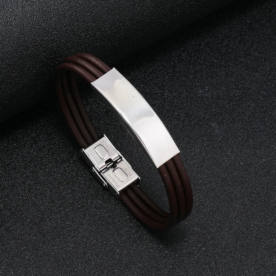 casual solid color stainless steel leather braid men's bracelets
