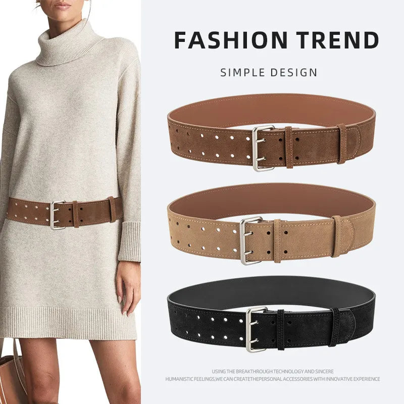 Retro Simple Style Solid Color Two-Layer Cowhide Alloy Plating Women's Leather Belts
