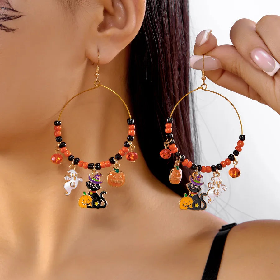 Cute Spooky Cat Ear Rings Halloween Party Ear Jewelry Design Women's Style Geometric Pattern Alloy Skull Pumpkin Earrings