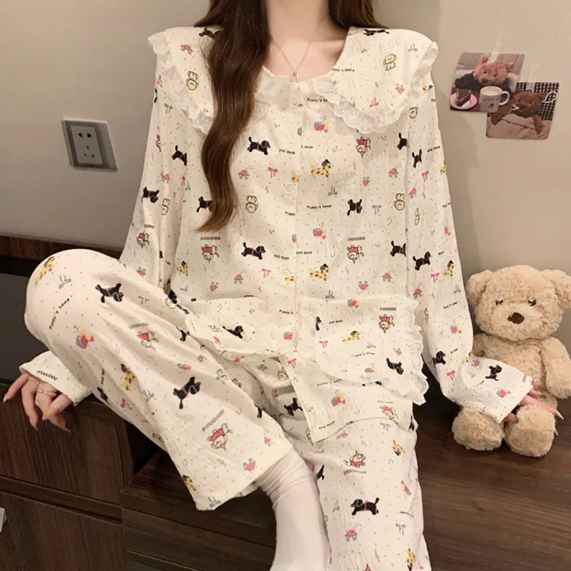 Cloud Cotton Long Sleeve Sleepwear Women's Spring Autumn Style Cute Doll Collar Home Clothes Breathable Casual Sleepwear