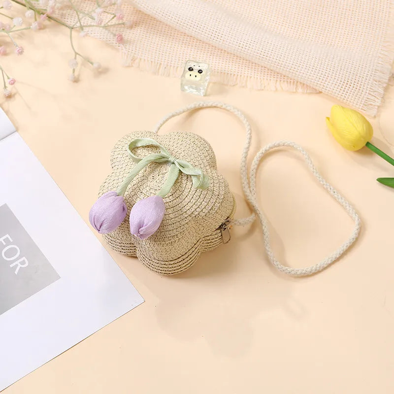 Summer Beach Seaside Tulip Straw Woven Bag  New Children Flower Straw Bag Mobile Phone Crossbody Bag