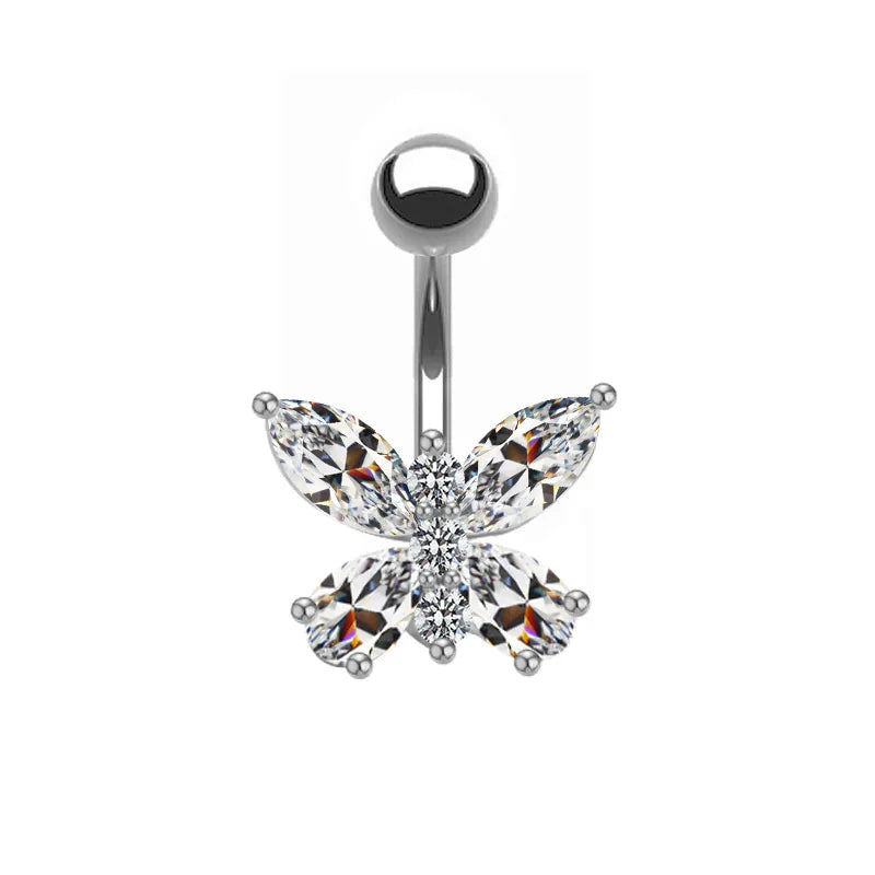 shiny peacock butterfly bow knot stainless steel copper plating inlay crystal rhinestones zircon white gold plated gold plated belly ring