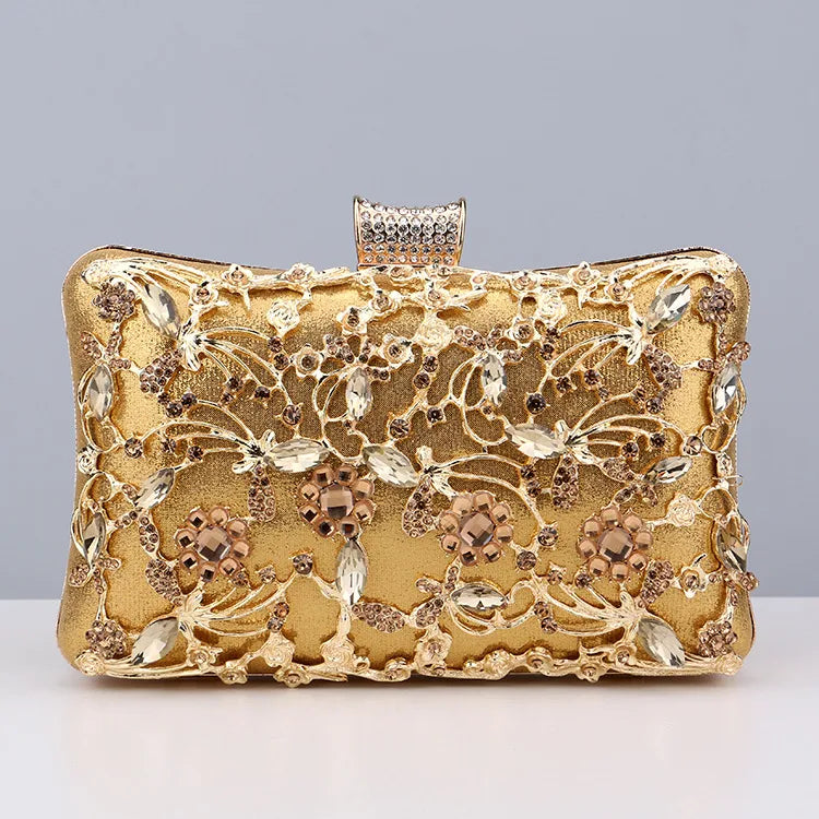 black gold silver pu leather flower rhinestone square clutch evening bag