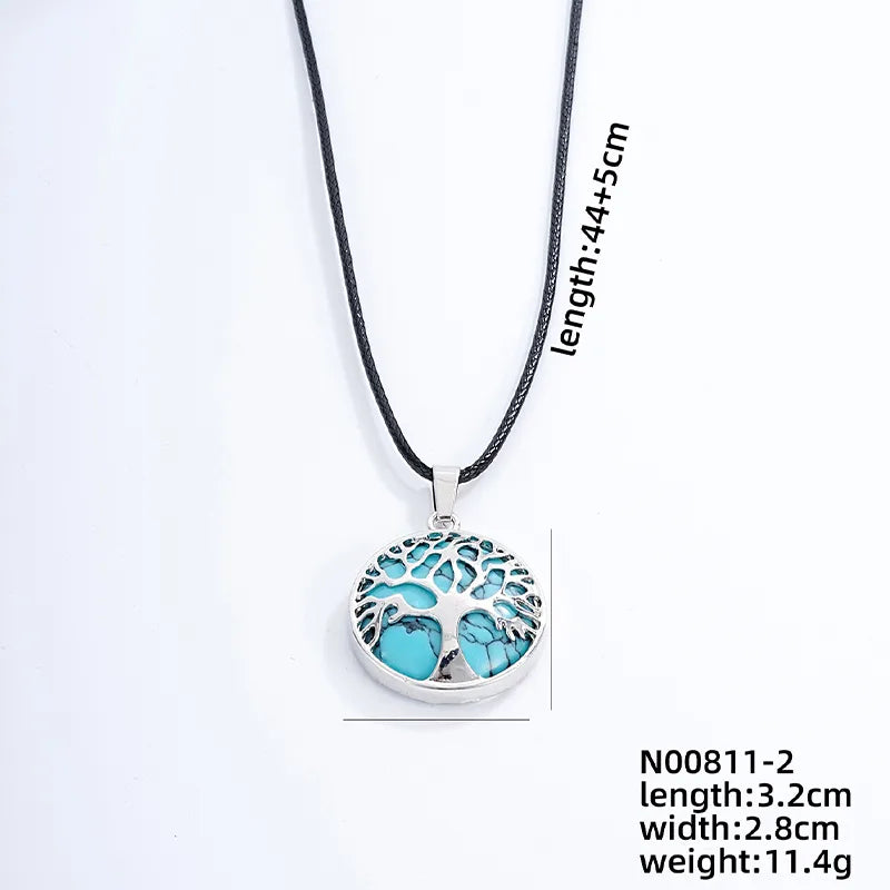 ig style simple style round tree stainless steel natural stone leather rope inlay natural stone pendant necklace