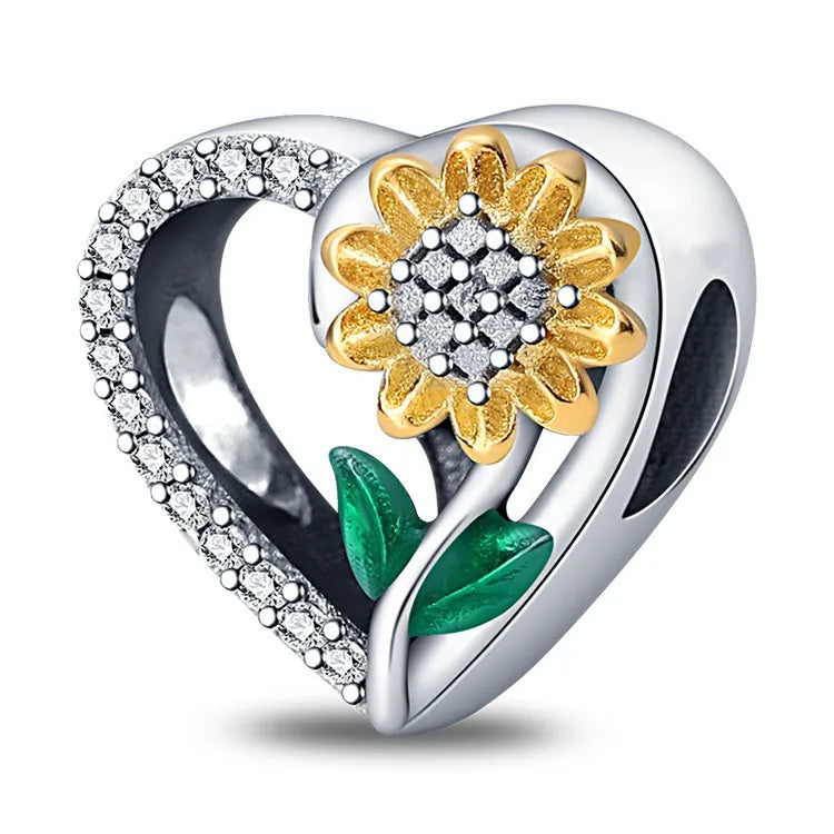 1 Piece 11.6*21.7mm Diameter 10.8mm Diameter 12.2mm Hole 4~4.9mm Copper Zircon Silver Plated Heart Shape Flower Polished Beads