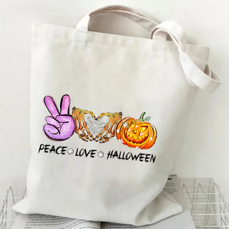Halloween Cartoon Pumpkin Decorative Canvas Bag Student Handbag Shopping Commuter Bag Large Square Fashion Tote Bag