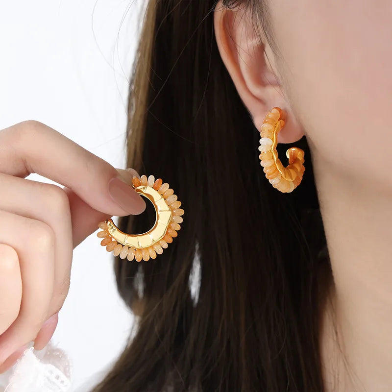 1 Pair IG Style Geometric Plating natural stone Titanium Steel Ear Studs