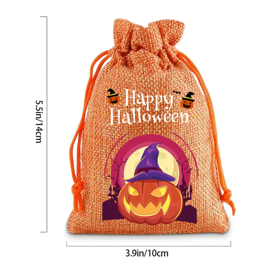 2025 New Halloween Linen Drawstring Gift Bag Pumpkin Shaped Sealed Mouth Bag Cartoon Style Heat Transfer Process Ladies Handbag