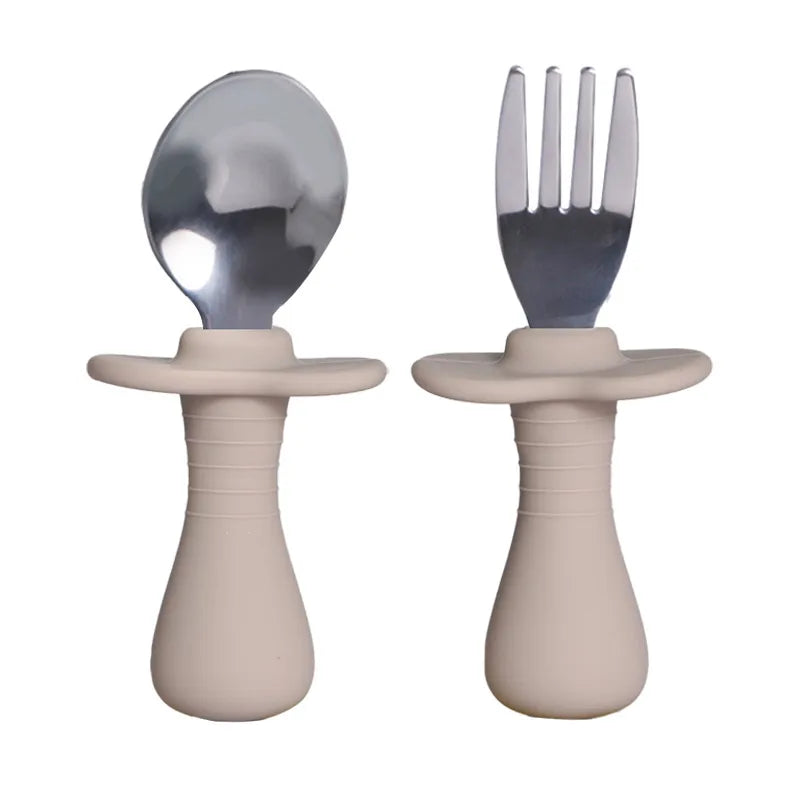 Baby Silicone Fork Spoon Children's Stainless Steel Training Short Fork Spoon Children's Tableware Set Portable Short Handle Fork Spoon