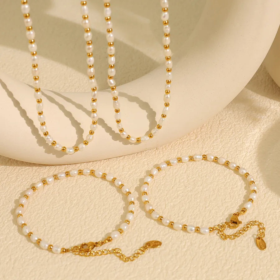 304 Stainless Steel Freshwater Pearl Beaded Chain Bracelets IG Style Baroque Style French Style