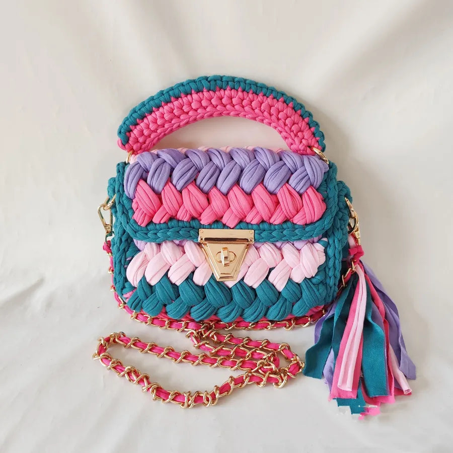 New Handmade Woven Color Contrast Patchwork Color Chain Tassel Handbag Messenger Bag