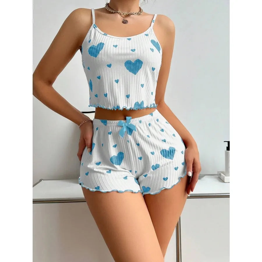 Home Sleeping Women's Sweet Heart Shape Bow Knot Rib Fabrics Shorts Sets Pajama Sets