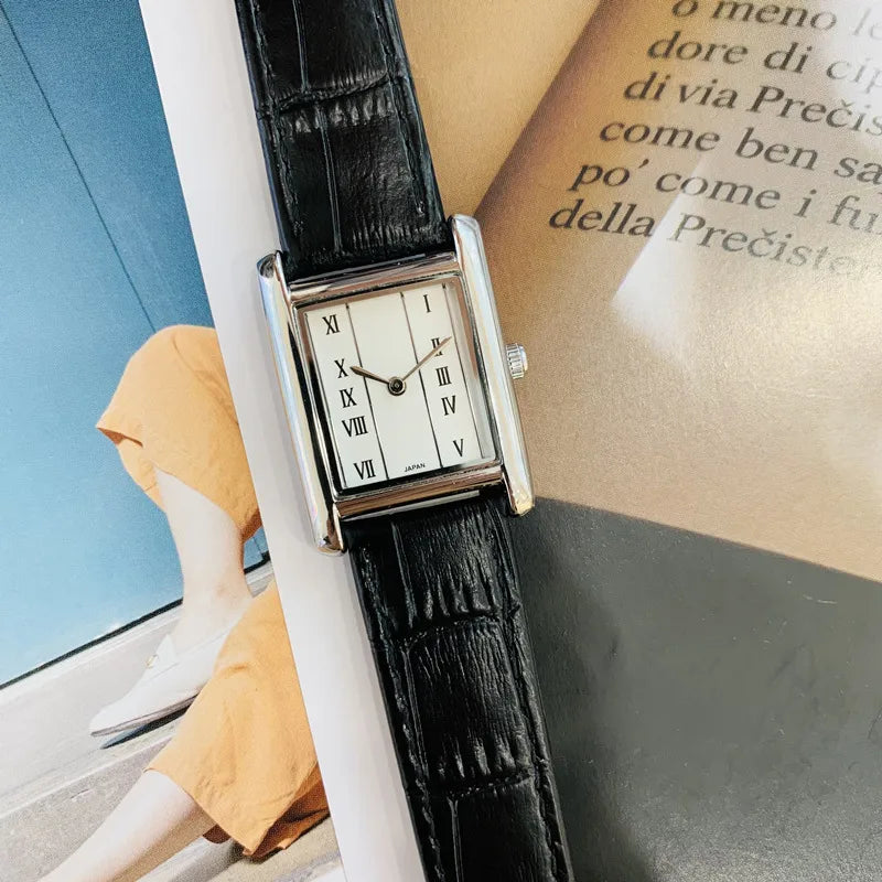 Gold Roman Scale Rectangular Vintage Style Women's Quartz Watch Stainless Steel Band Mineral Glass Face Pin Buckle Clasp
