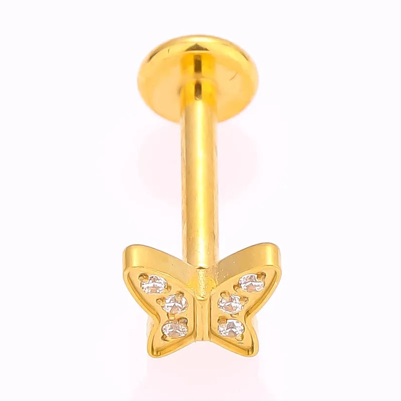 1 Piece Lip Rings Simple Style Commute Crown Butterfly Titanium Steel Inlay Zircon 18K Gold Plated Ear Cartilage Rings & Studs