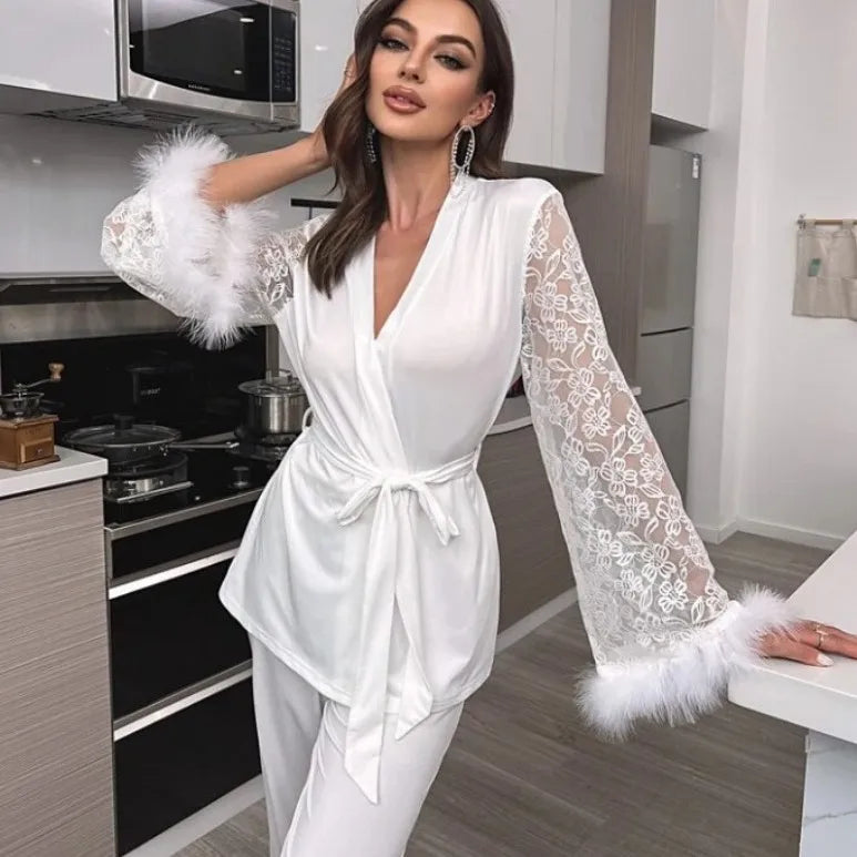 Home Women's Elegant Flower Polyester Milk Fiber Raw Hem Lace Pants Sets Pajama Sets