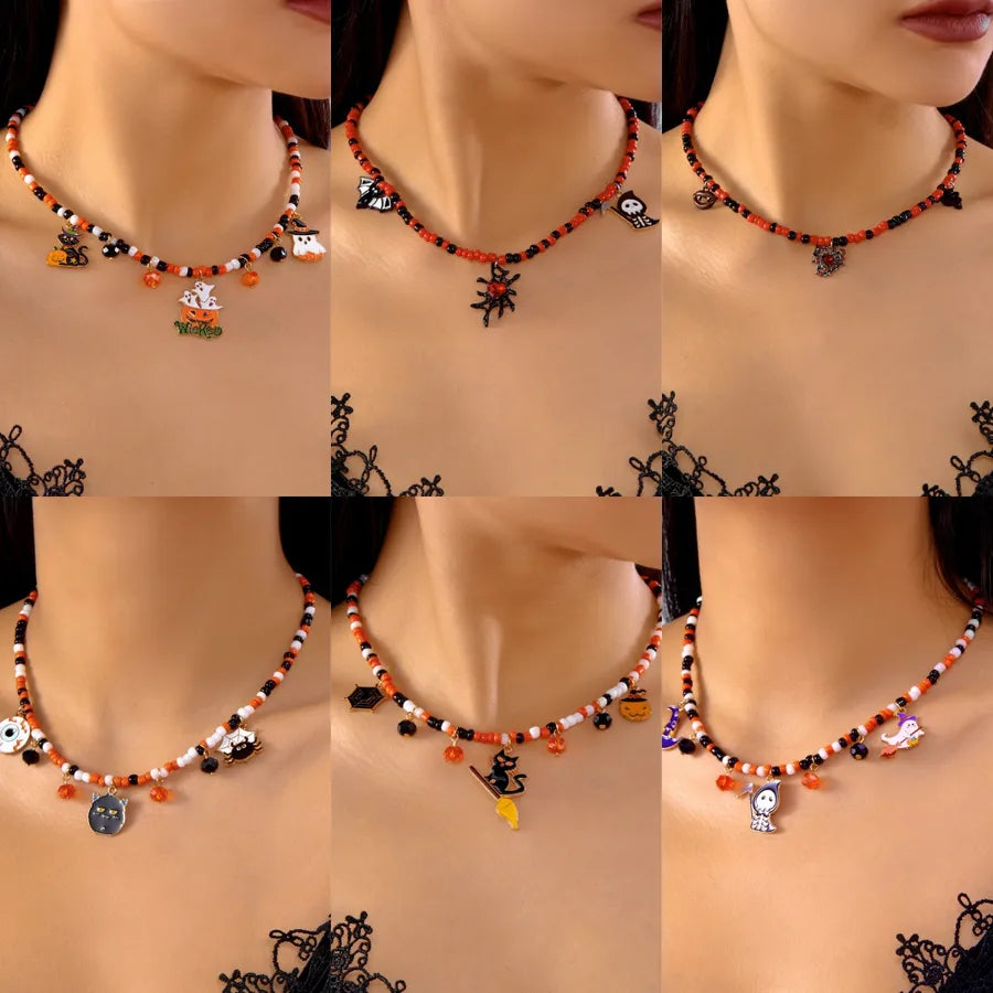 Handmade Halloween Necklace Ghost Spider Pendant Color Matched Pumpkin Design Zinc Alloy Women's Jewelry Accessory