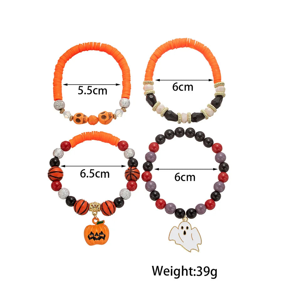 Halloween Alloy Pumpkin Ghost Pendant Resin Skeleton Random Beads Soft Clay Elastic Ladies Bracelet 4 Piece Set Geometric Pattern