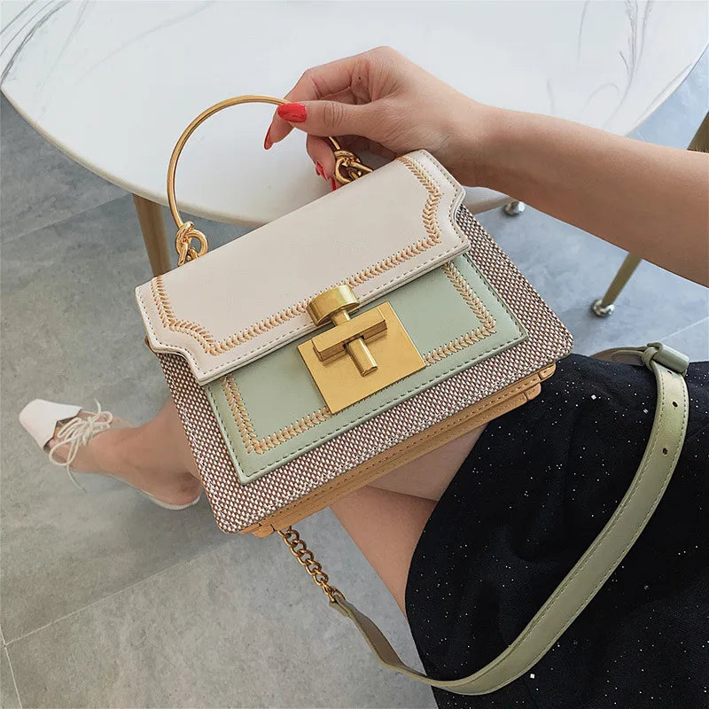 women's small pu leather color block fashion square lock clasp handbag