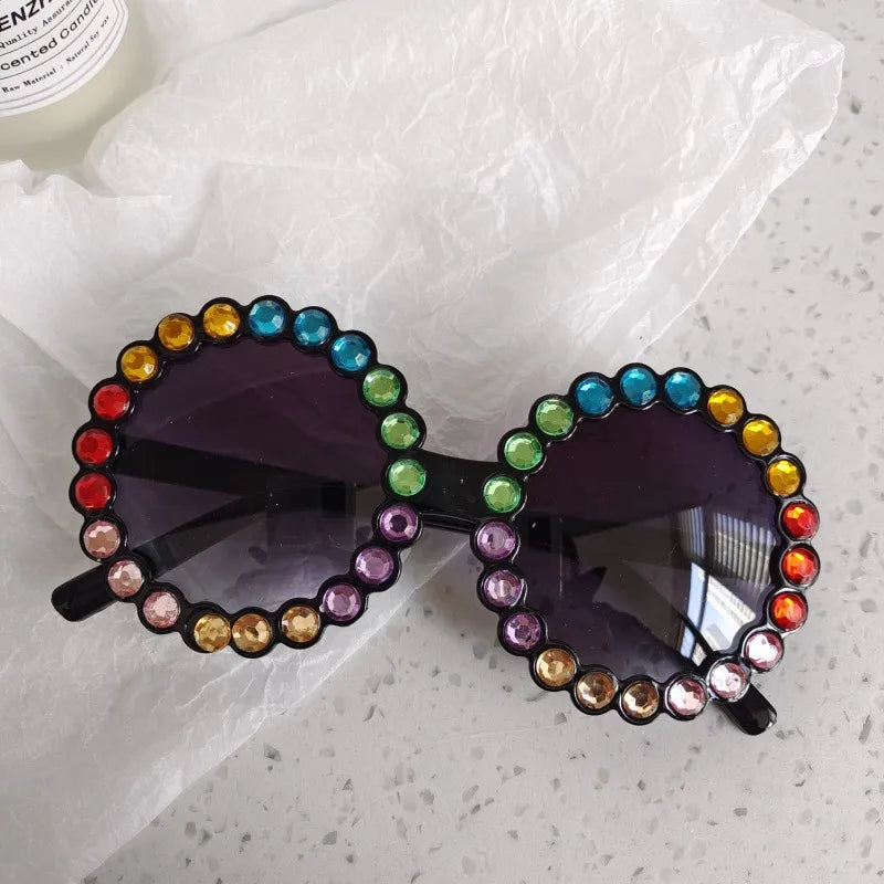 Black Kidsren's Dot Diamond Cute Cat Eye Male and Female Baby Sun Protection Personalized Fashion Sunglasses Colorful Pearl Sunglasses