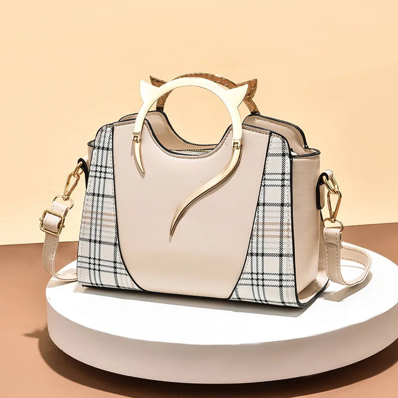 Women's Pu Leather Splicing Plaid Classic Style Sewing Thread Bucket Zipper Handbag