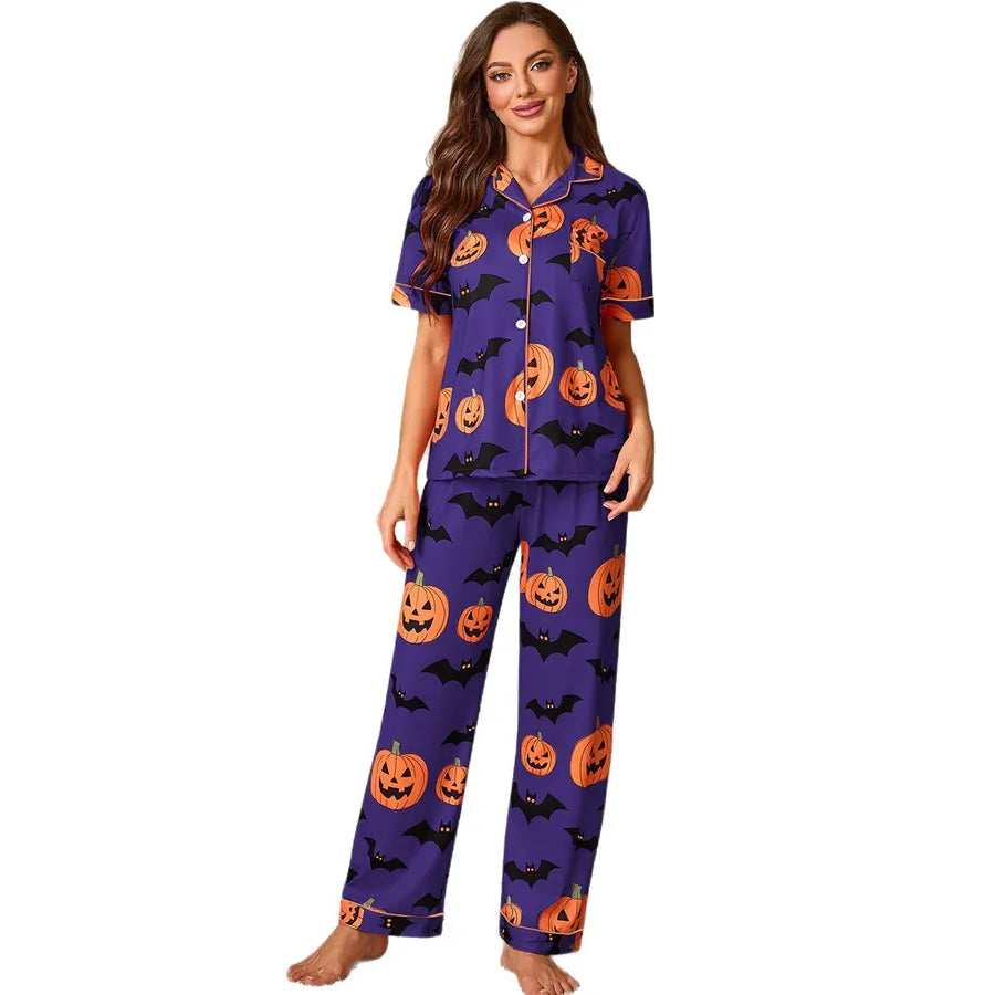European Style Halloween Print Sleepwear Set Women's Short Sleeve Shirt And Long Pants Home Clothes Fashionable And Comfortable