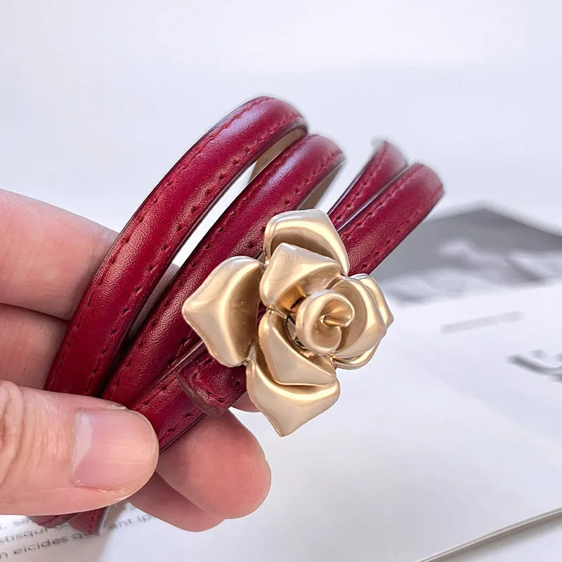 New Genuine Leather Women's Thin Belt Women's Flower Waist Slim Cowhide Women's Belt with Sweater Dress