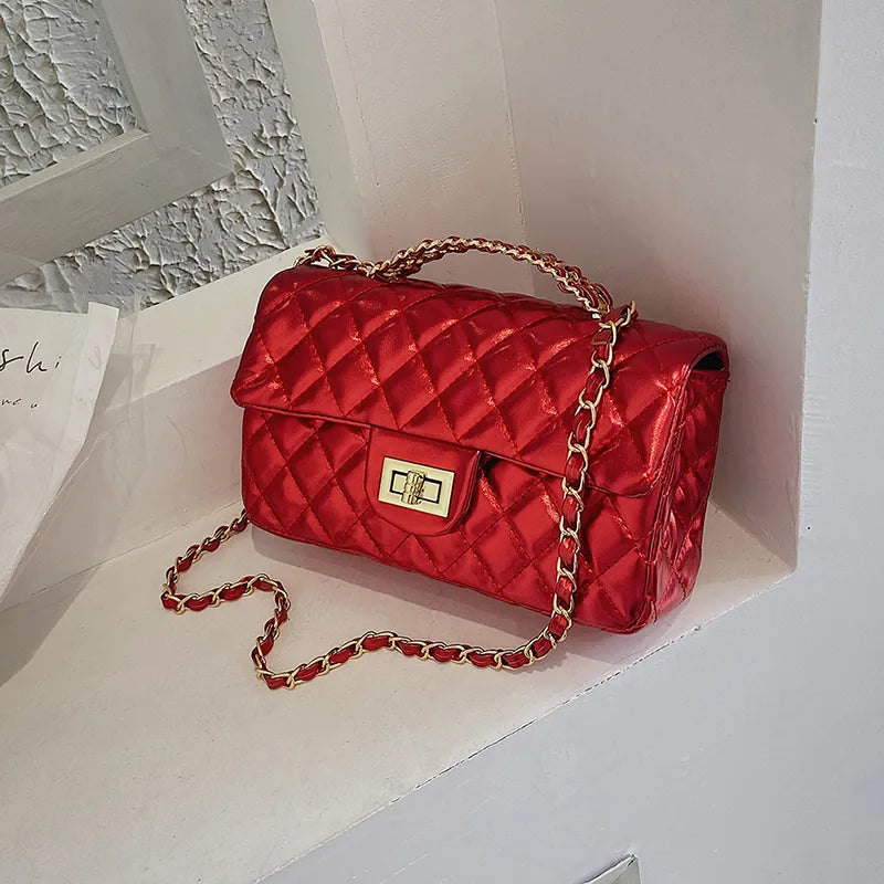 Women's Pu Leather Solid Color Lingge Streetwear Square Flip Cover Lock clasp Shoulder Bag