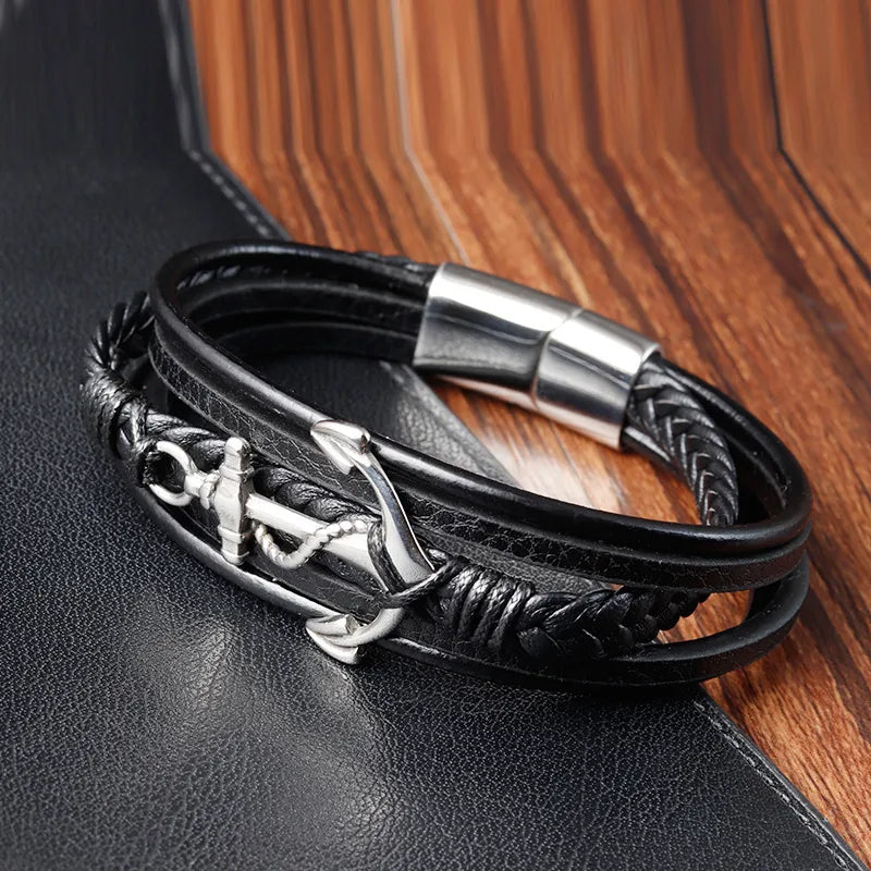 Retro Classic Style Geometric Pu Leather Titanium Steel Woven Chain Wrap Bracelets Wholesale