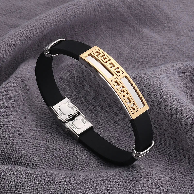 Retro Punk Geometric Silica Gel Titanium Steel Men's Bracelets Men Cord & Leather Bracelets