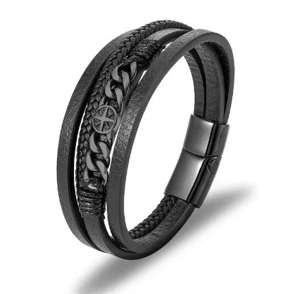 Retro Punk Geometric Pu Leather Titanium Steel Men's wristband Men Cord & Leather Bracelets