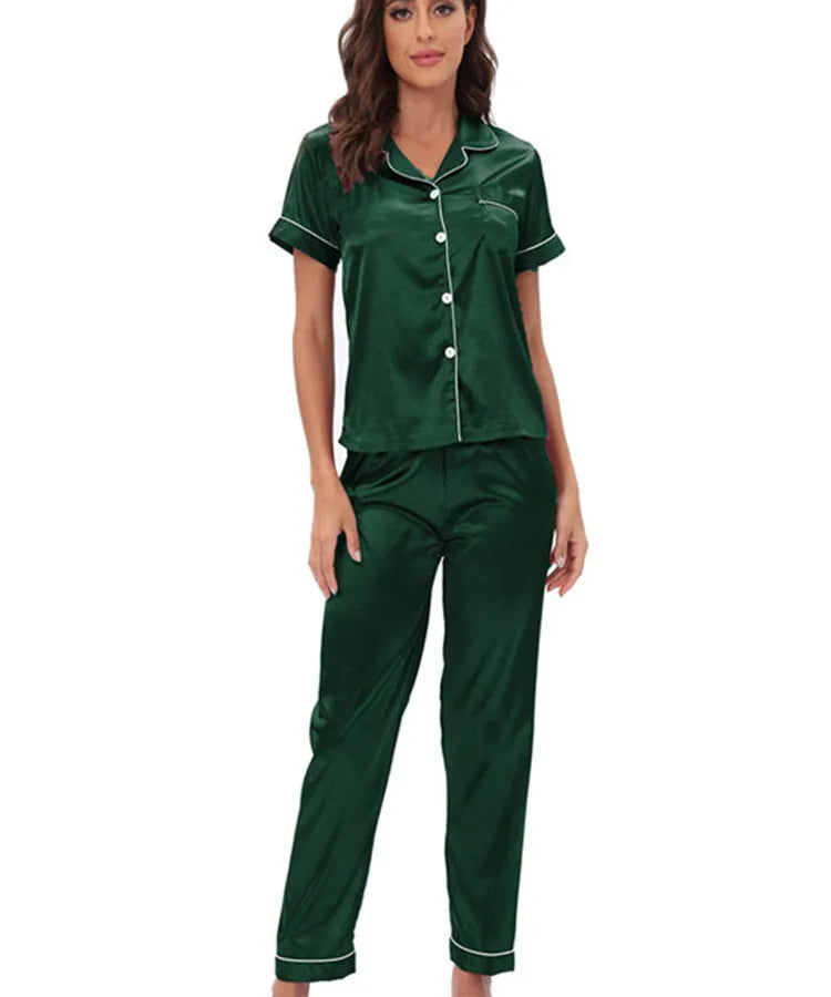 Middle East Europe Women's Home Clothes Two-Piece Set Color Silk Set Sleepwear Casual Luxury Summer Polyester Fabric