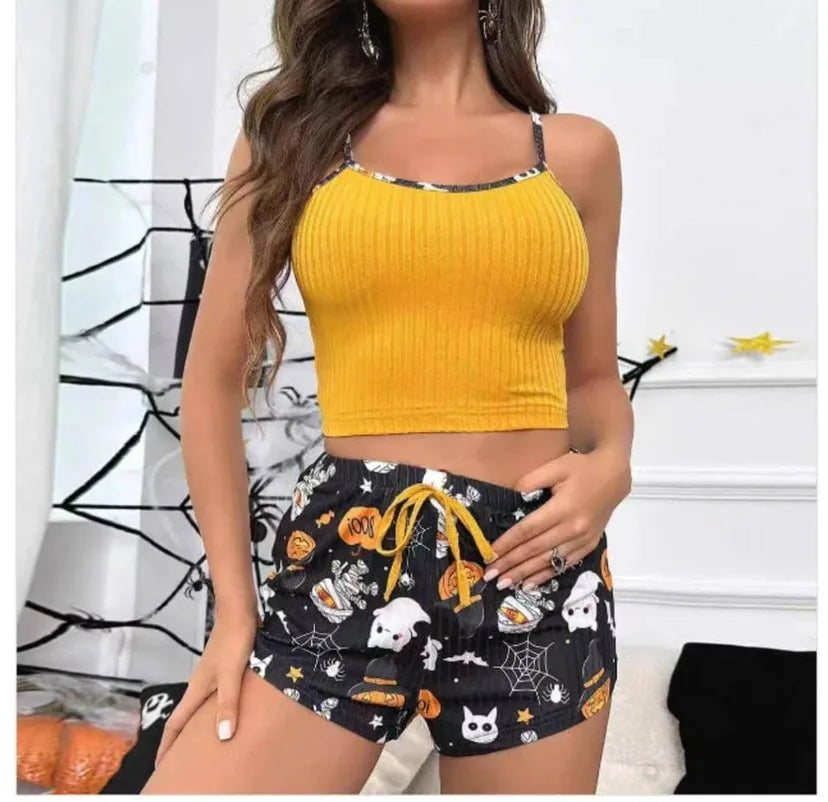 Halloween  Printed Sleeveless Sling Top Women's Suit Spice Girls Short Sexy Sling Sling Shorts for Hair