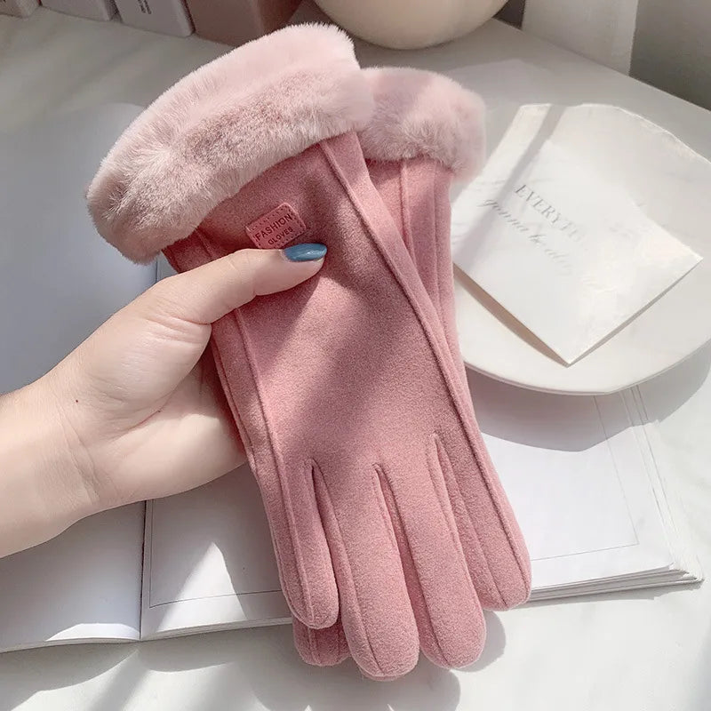 Warm gloves women's winter plus velvet padded suede autumn and winter cold-proof touch screen new cycling ski riding gloves