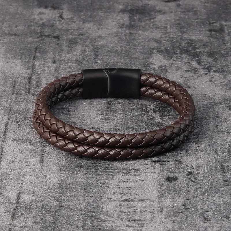 Vintage Style Simple Style Geometric Pu Leather Titanium Steel Woven Chain Wrap Bracelets Wholesale
