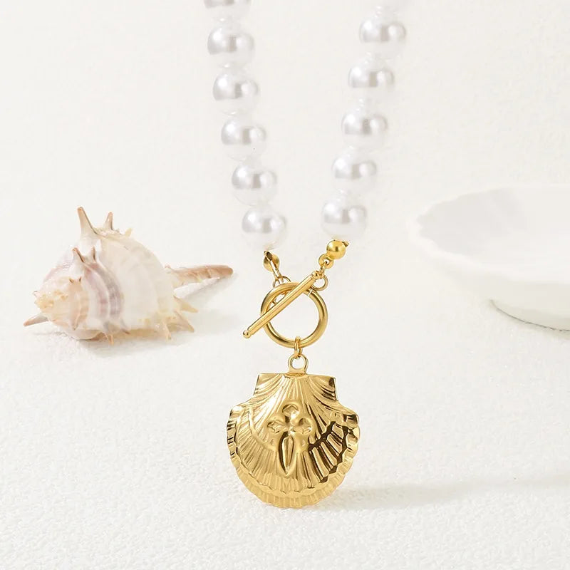 Wholesale Jewelry IG Style Retro New Style Starfish Conch Heart Shape 304 Stainless Steel 18K Gold Plated Beaded Chain Necklace