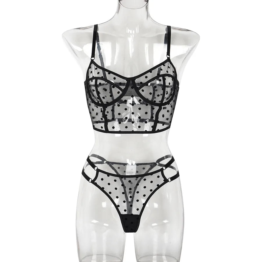 hot selling polka dot see-through sexy lingerie with steel ring elastic back hollow out two-piece set 3391