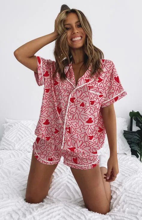 Holiday Women's Cartoon Style Heart Shape Imitated Silk Polyester Shorts Sets Pajama Sets