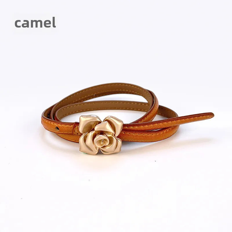 New Genuine Leather Women's Thin Belt Women's Flower Waist Slim Cowhide Women's Belt with Sweater Dress
