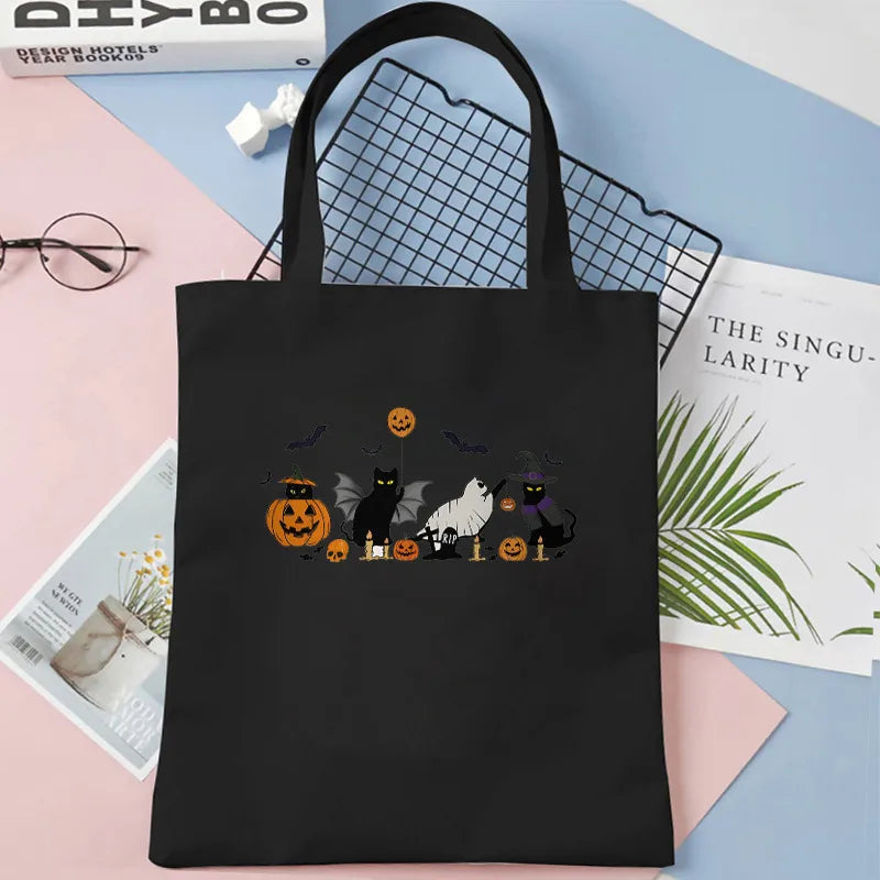 Cute Cat Halloween Party Bag Women Ghost Canvas Tote Bag Harajuku Fashion Shopping Bag Square Shape Large Size Retro Print