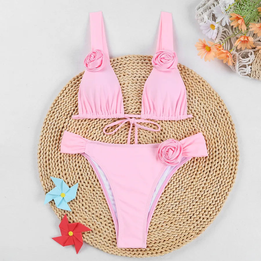 Women's Solid Color Flower 2 Pieces Set Bikinis Swimwear
